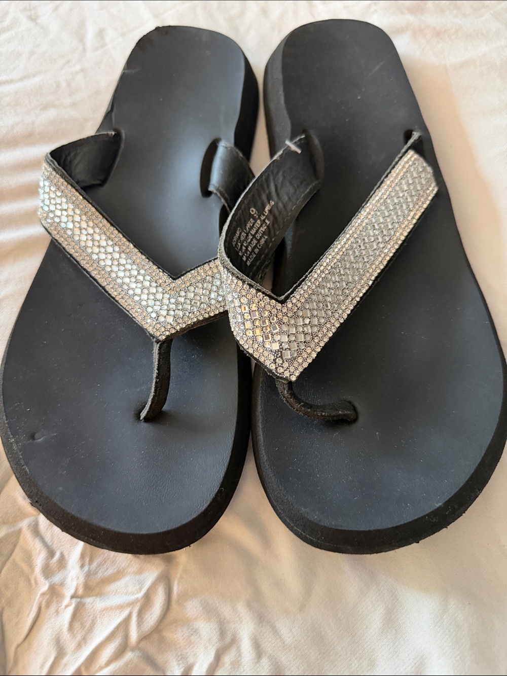 Women's Black Flip-Flop Sandals with Silver Crystal Straps